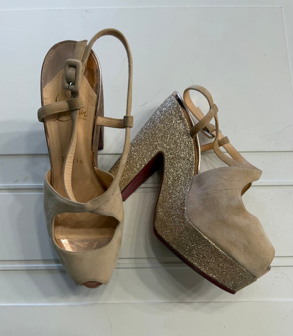 Christian Louboutin Women Sz 38 Martel 140 Tan Suede Glitter Block Heels Resoled